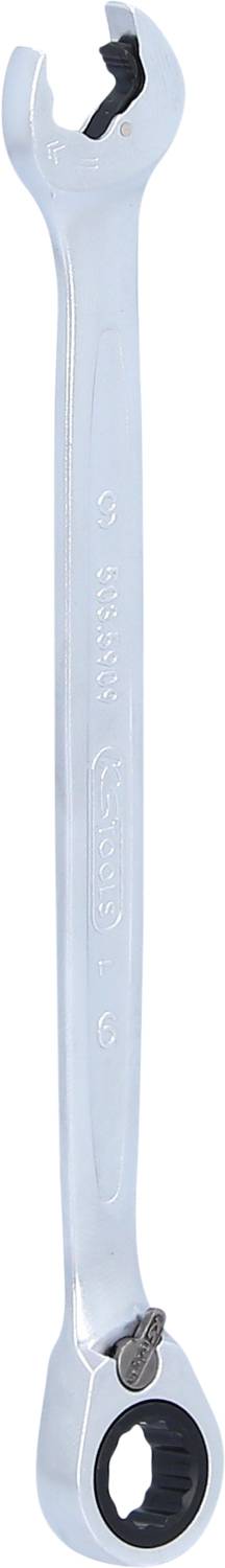 A silver ratchet ring spanner with one closed and one open end, used for tightening or loosening bolts.