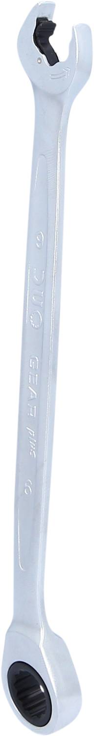 A silver spanner with an open-ended design and ratchet ring, suitable for tightening and loosening screws and nuts.