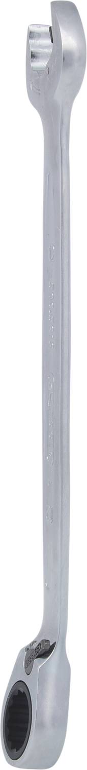 A silver ring spanner with different sized openings at its ends, against a white background.