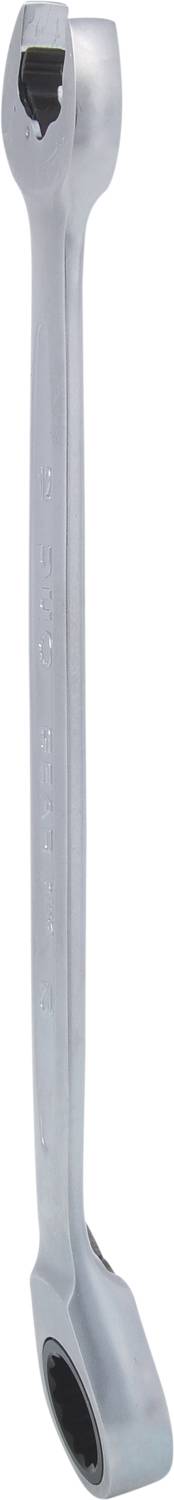 Metal spanner with an open-ended jaw on one side and a ring end on the other. Suitable for tightening or loosening bolts.