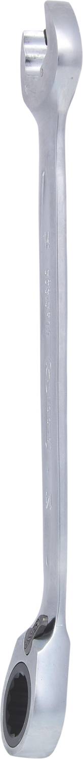 A silver ring spanner with an open and a closed end, used for tightening or loosening screws and nuts.