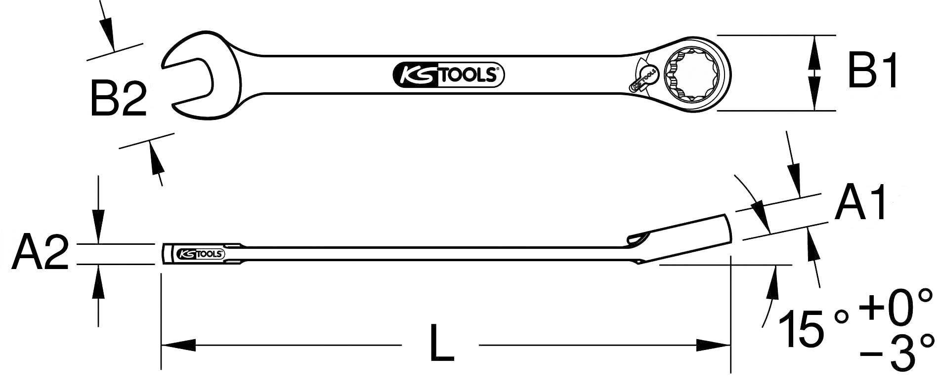 Technical drawing of a ring spanner. Dimensions are indicated: B1, B2, A1, A2, Length L, Angle 15 degrees. Brand 'KS Tools'.