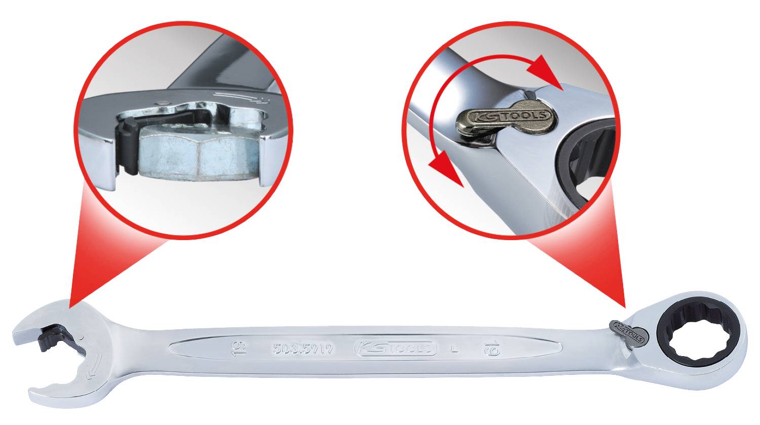 Open ring spanner with ratchet mechanism, close-up reveals details of ratchet system and product code.