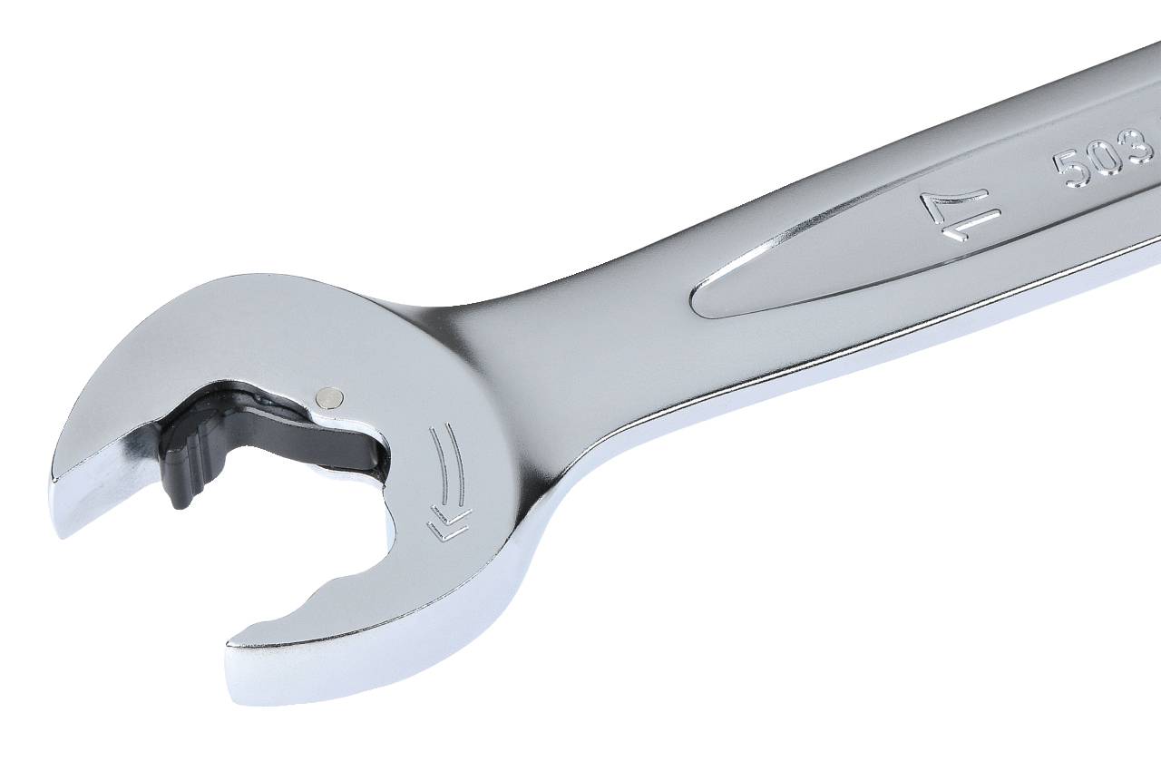 A silver spanner with an open-ended jaw, displaying a shimmering metallic surface against a white background.
