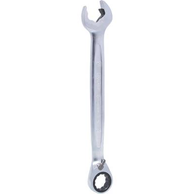 A silver spanner with an open-ended jaw at one end and a ratchet mechanism at the other end.