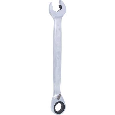 A silver spanner with a ratchet at one end and a fork at the other. Ideal for tightening or loosening bolts.