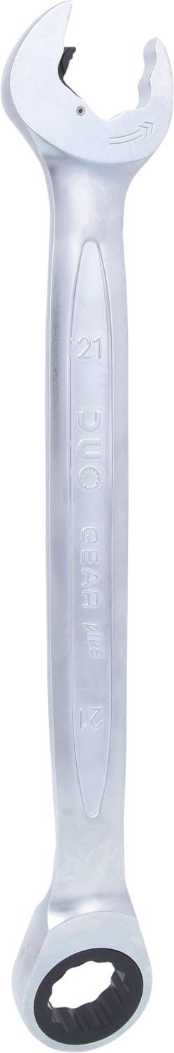 A silver adjustable spanner with open-end and ratchet end. Suitable for bolts and screws in various sizes.