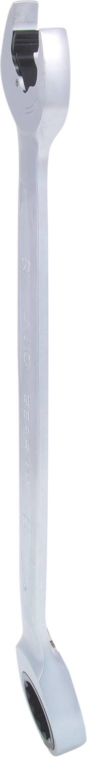 A silver ring spanner with ratchet mechanism.