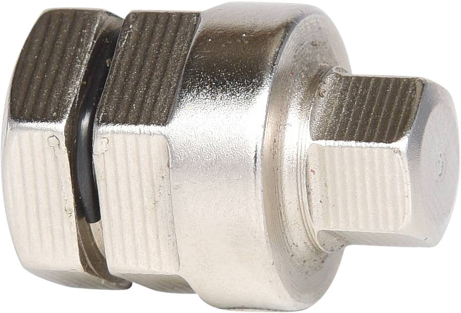 Metallic adapter with a hexagonal head and knurled sides, likely for mechanical connections or tools.