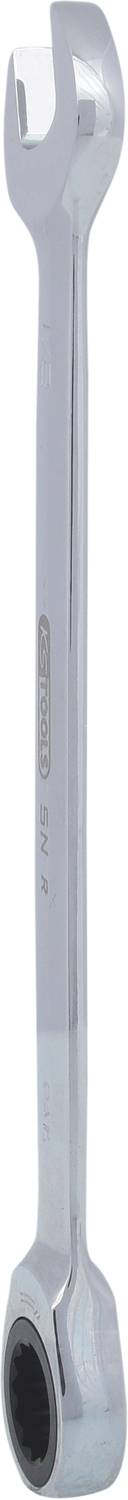 A silver ring spanner with an open and a closed end, suitable for tightening or loosening screws of various sizes.