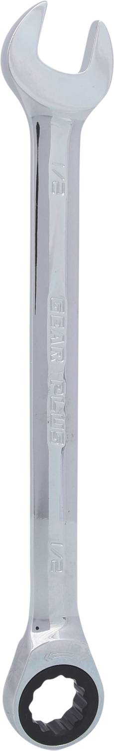 'A chrome-plated spanner with an open and a closed end, used for tightening or loosening bolts.'