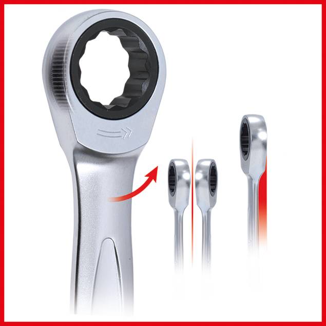 Ratchet ring spanner with an arrow indicating its flexible direction. Three sizes shown. Silver surface. Tool illustration.