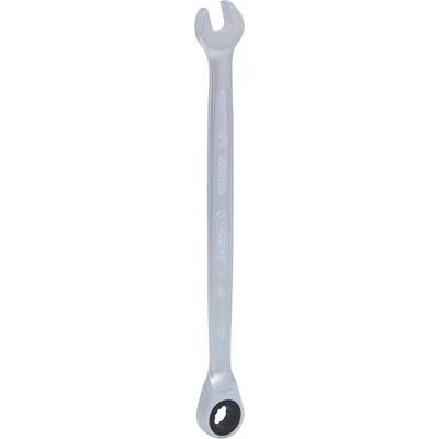 A silver spanner with open-ended and ring-ended designs, standing upright, used for screw-related work.
