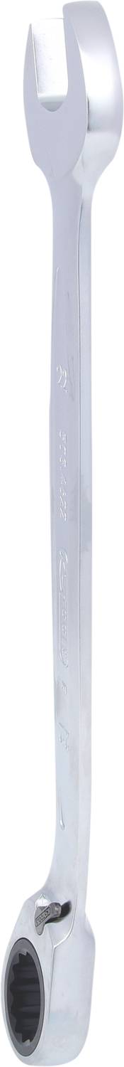 A silver ring spanner with an open and a ring-shaped side, suitable for loosening or tightening nuts or bolts.