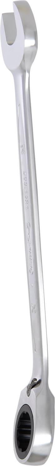 A single combination spanner, consisting of an open-ended and a ring spanner, lies on a white surface.