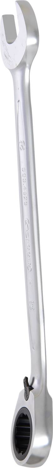 'Ratchet spanner with an open-ended head and ratchet ring at the other end, suitable for various bolt sizes.'