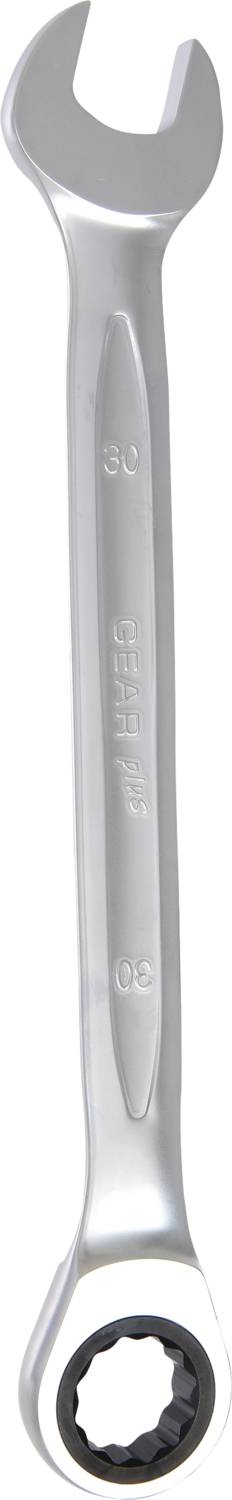 A silver ring spanner with an open and ratchet side, used for screw-related work.