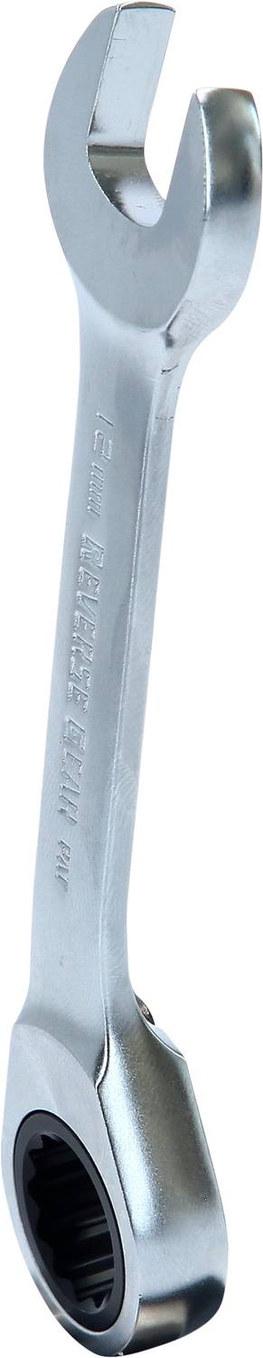 A silver combination spanner with a ratchet mechanism at one end, a typical tool for fastening screws and nuts.
