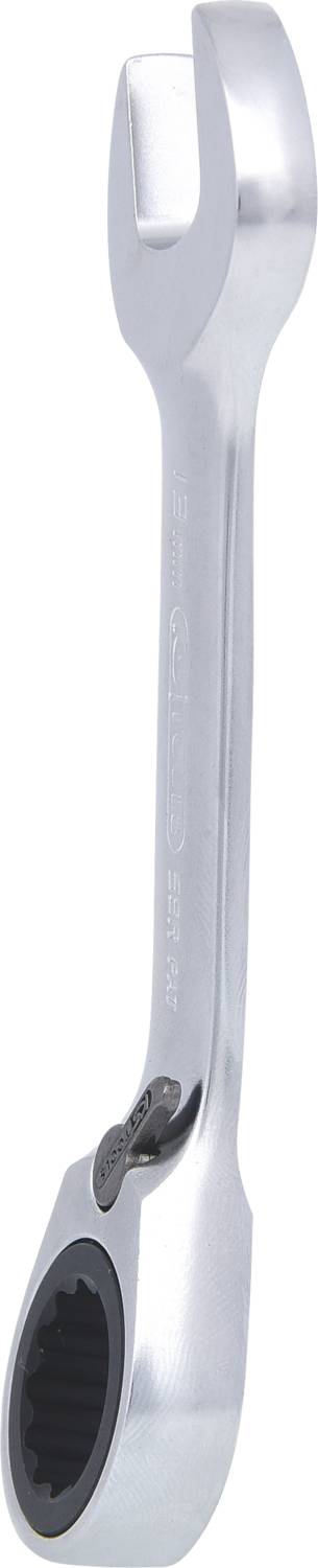 A silver ratchet spanner with an open end and a round ring on the other side, suitable for screws and nuts.