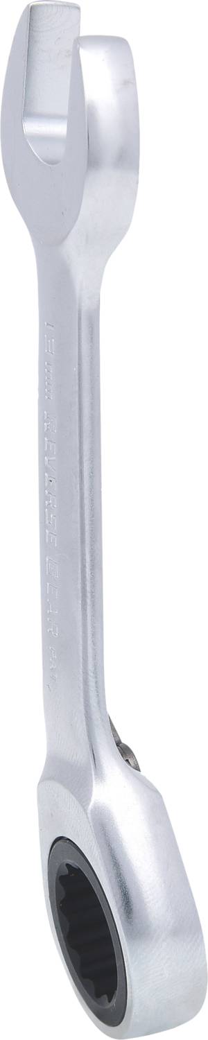 A chrome-plated combination spanner with ratchet, ideal for loosening and tightening bolts.
