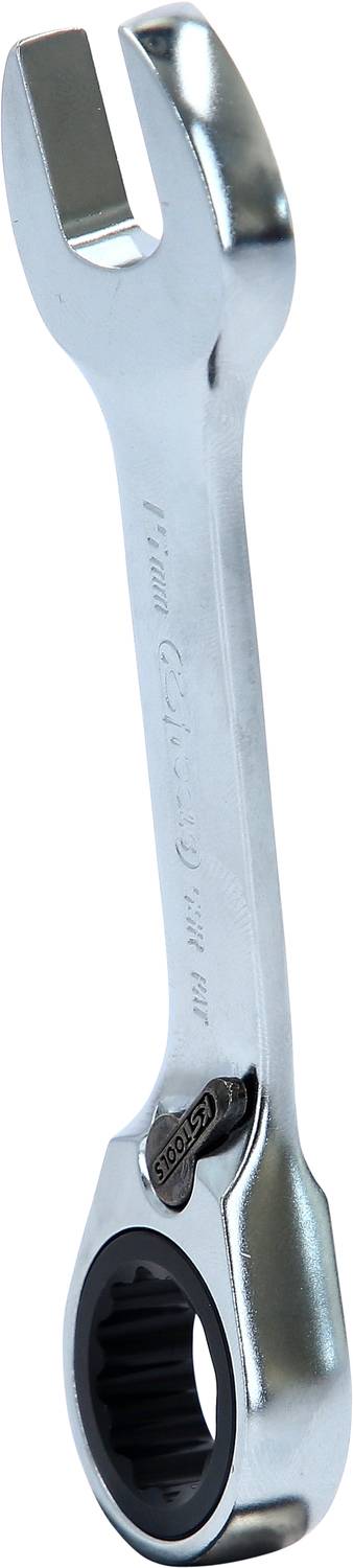 A adjustable ring spanner made of metal, with an open end and a closed ratchet end.