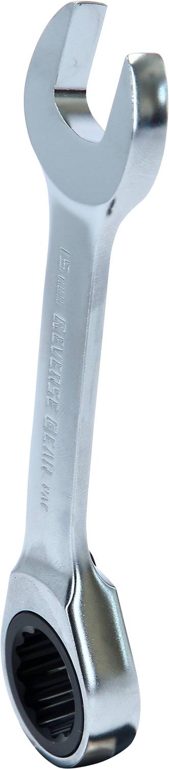 A gleaming, silver combination spanner with a ratchet function, angled slightly.