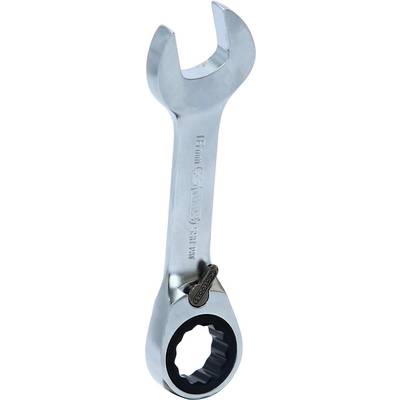 A silver spanner with an open and a ratchet ring end, 15 mm in size, pictured against a white background.