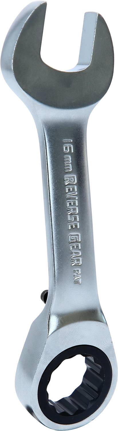 A silver metal ratchet ring spanner with an open jaw at one end and a ratchet mechanism at the other. Size: 16 mm.