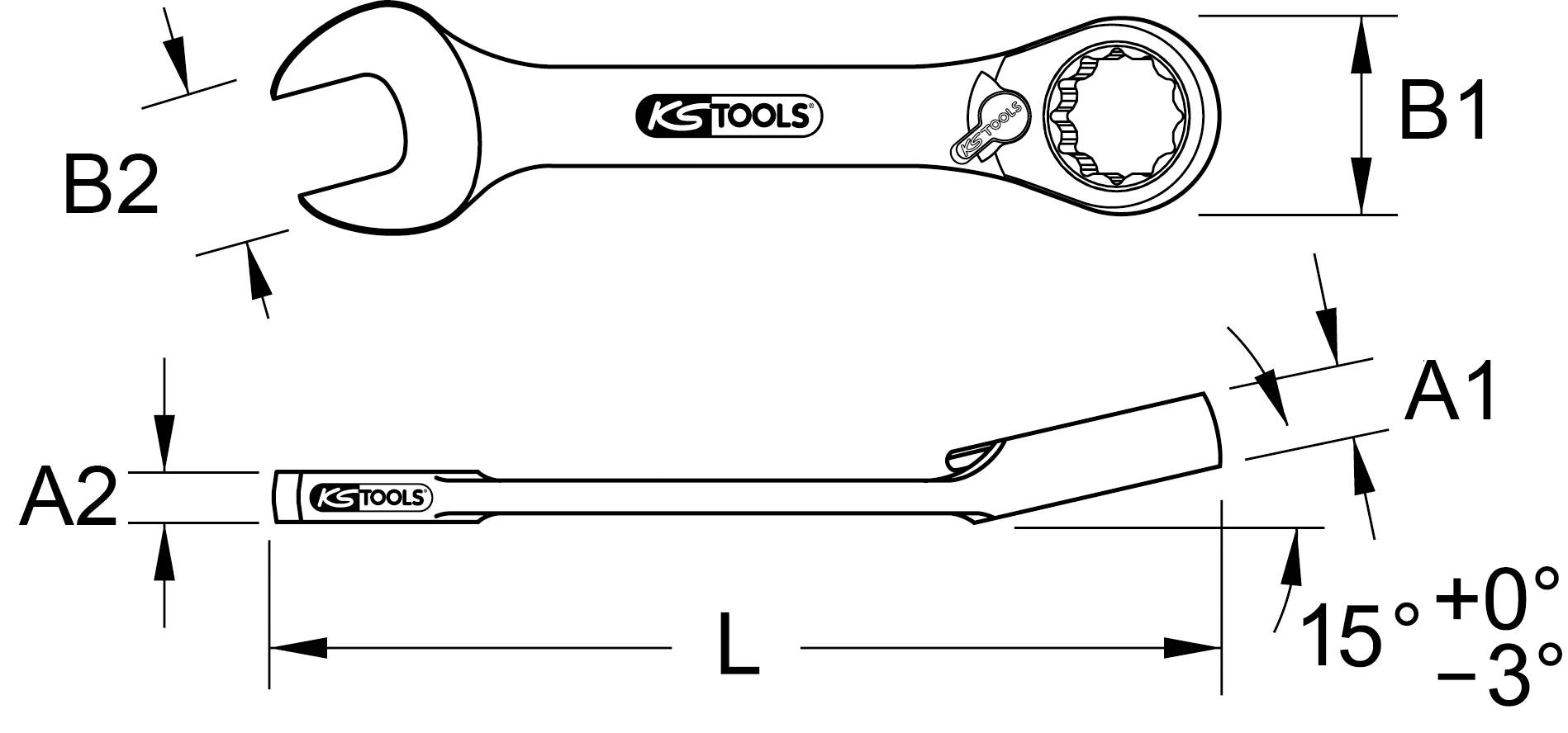 A spanner with two ends: on the left a flat spanner (B2) and on the right a ring spanner (B1). Side view shows an angle of 15 degrees and length (L).
