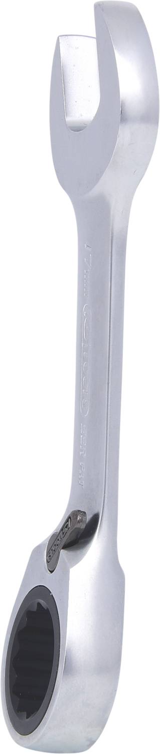 A chrome-plated ratchet spanner, suitable for working with screws and nuts in confined spaces.