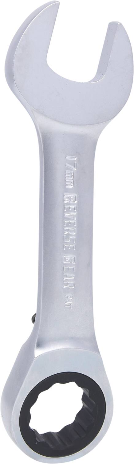 A silver ring spanner with a fork head and ratchet mechanism, with '17 mm' stamped on it.