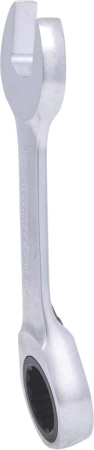 A silver ratchet spanner with an open-ended side and a ratchet mechanism at the other end for screw-related work.