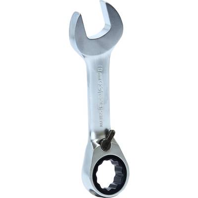 Open-ended ratchet spanner with 13 mm clearly visible size, made of gleaming metal.