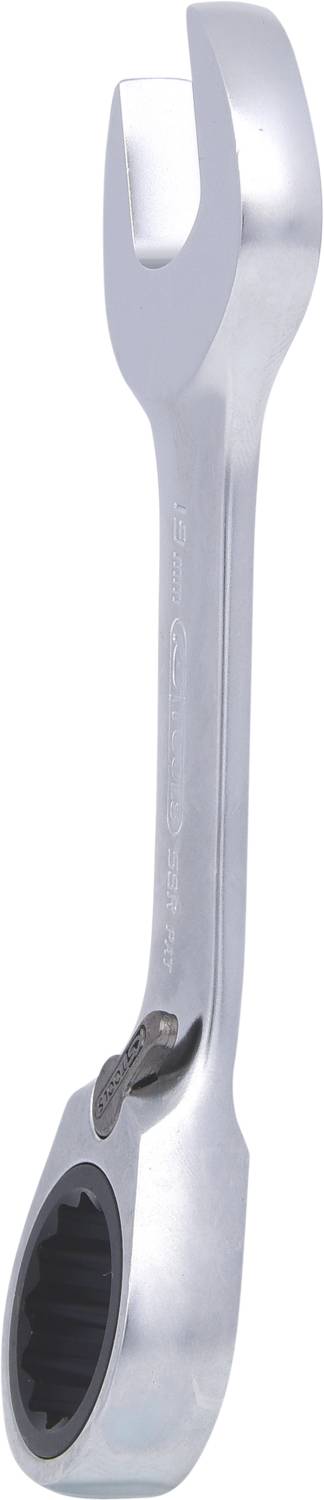 A silver spanner, shown in a vertical position, used for loosening or tightening screws and nuts.
