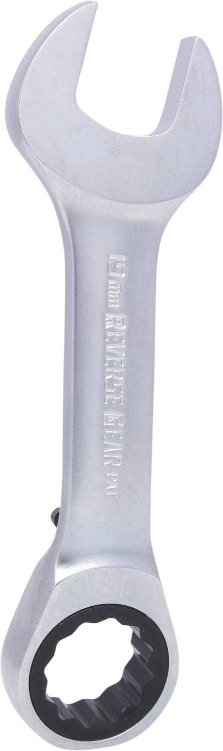 A silver, open ring spanner with ratchet function and the inscription '19 mm' on the handle.