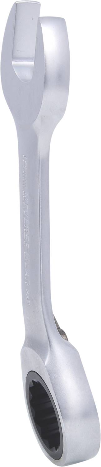 A silver ring spanner with ratchet function and open-end design, used for technical work to tighten or loosen screws.
