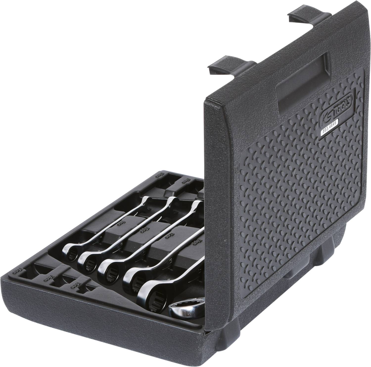 An open black toolbox with five spanners in varying sizes, neatly arranged in slots.