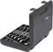 An open black toolbox with five spanners in varying sizes, neatly arranged in slots.