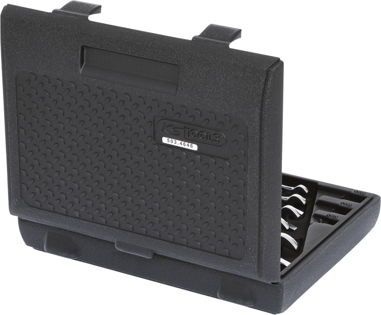 An opened black toolbox with visible, neatly arranged spanners inside. The lid is raised.