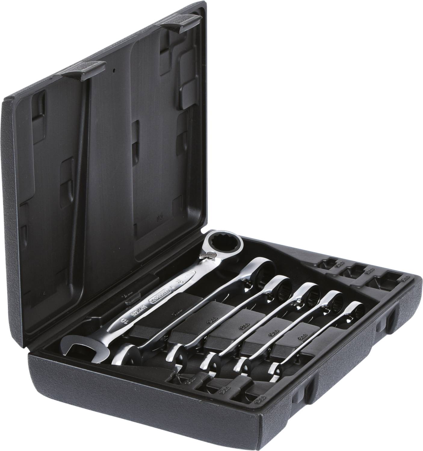 An open toolbox with several spanners of varying sizes, arranged in matching compartments.