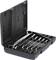 An open toolbox with several spanners of varying sizes, arranged in matching compartments.