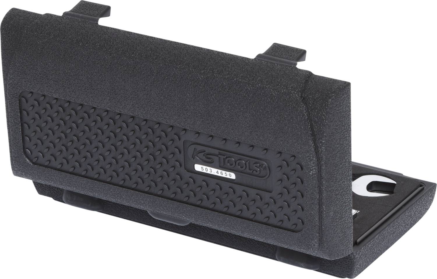 A black plastic case with a non-slip surface, containing an inset can opener or spanner.