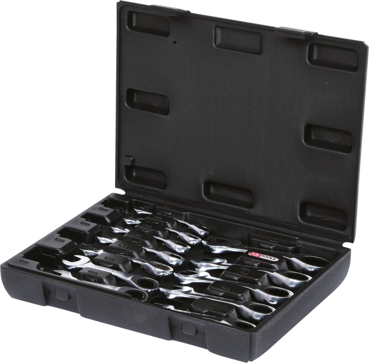 Open black toolbox with various spanners arranged in an orderly manner.