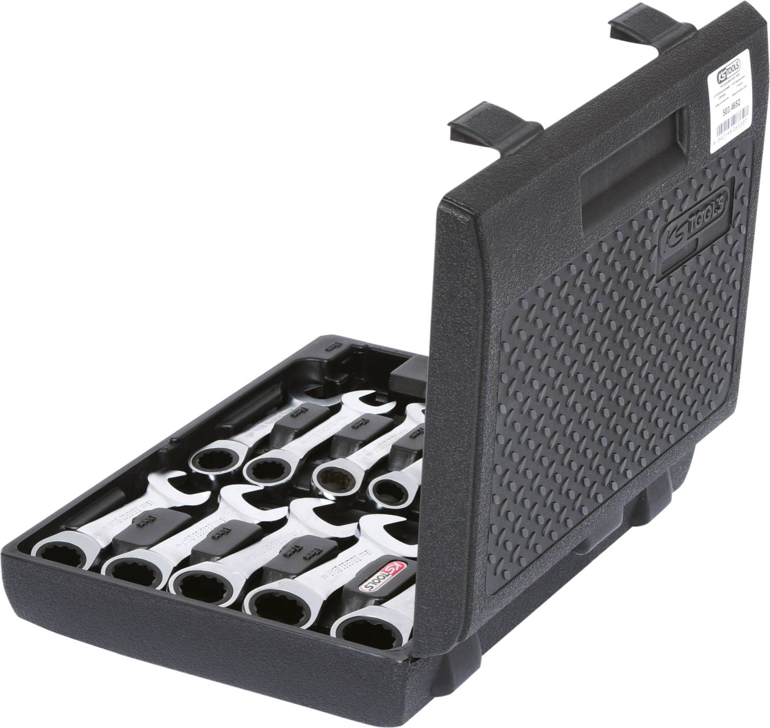 An open black tool case with multiple socket wrenches in various sizes, neatly arranged.