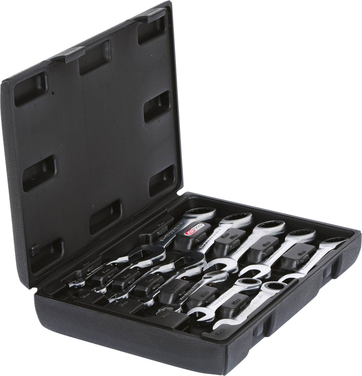 An open toolbox with various spanners and a small tool.