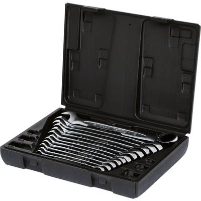 'Set of nine open ratchet spanners in a black tool case, opened, spanners are sorted by size.'