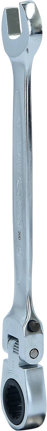 A metal adjustable spanner shown upright in close-up.