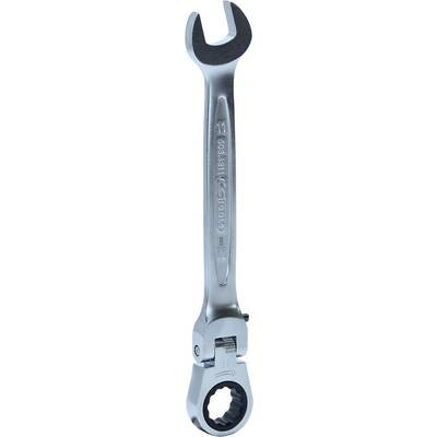 A silver ratchet ring spanner with open and closed ends, suitable for tightening or loosening bolts and nuts.