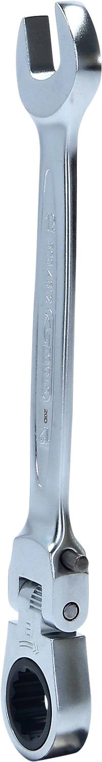 A silver ratchet combination spanner with an open-ended jaw at one end and a ring spanner at the other end, slightly curved.