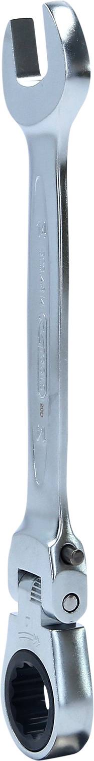 A silver ratchet ring spanner with an open and a closed end, suitable for various screw sizes.